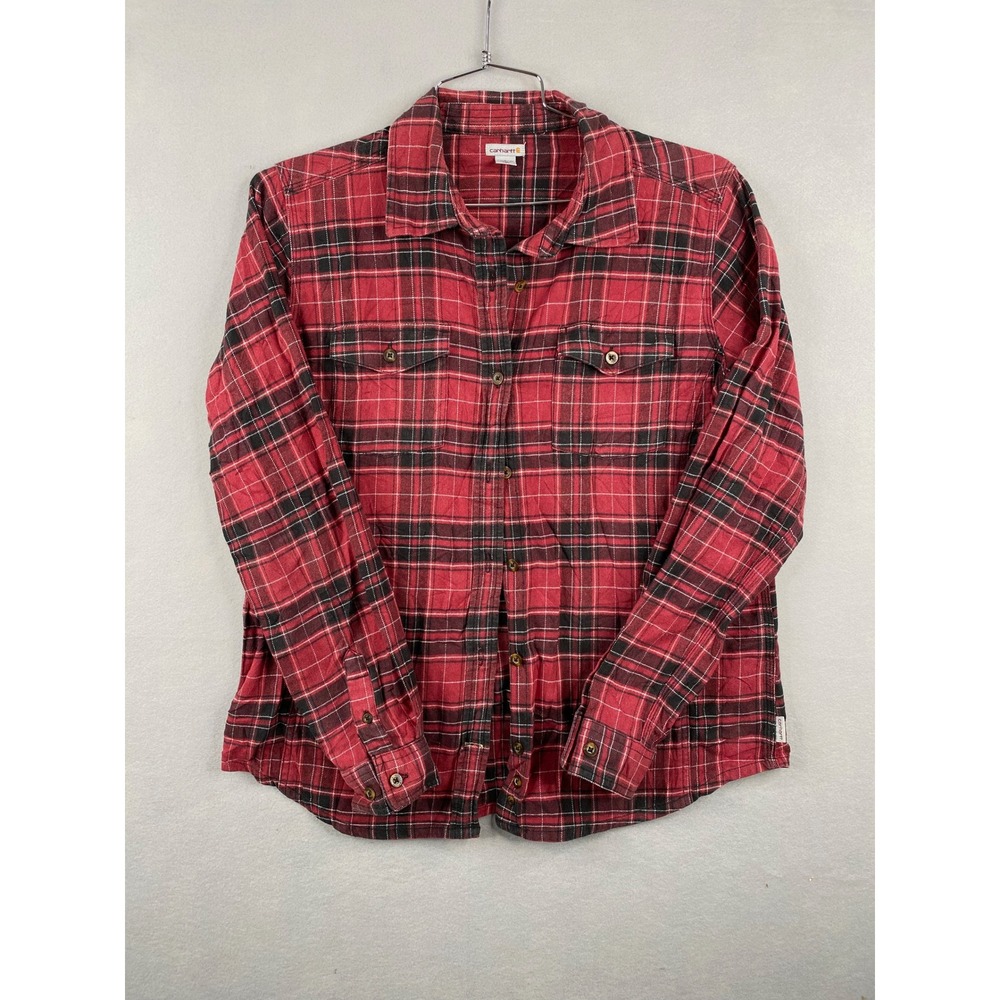 Carhartt Womens Red Black Plaid Flannel Button Down Shirt L 12/14 Long Sleeve